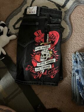 Ed Hardy Black Denim Men’s Shorts with Red Skull Heart Graphic